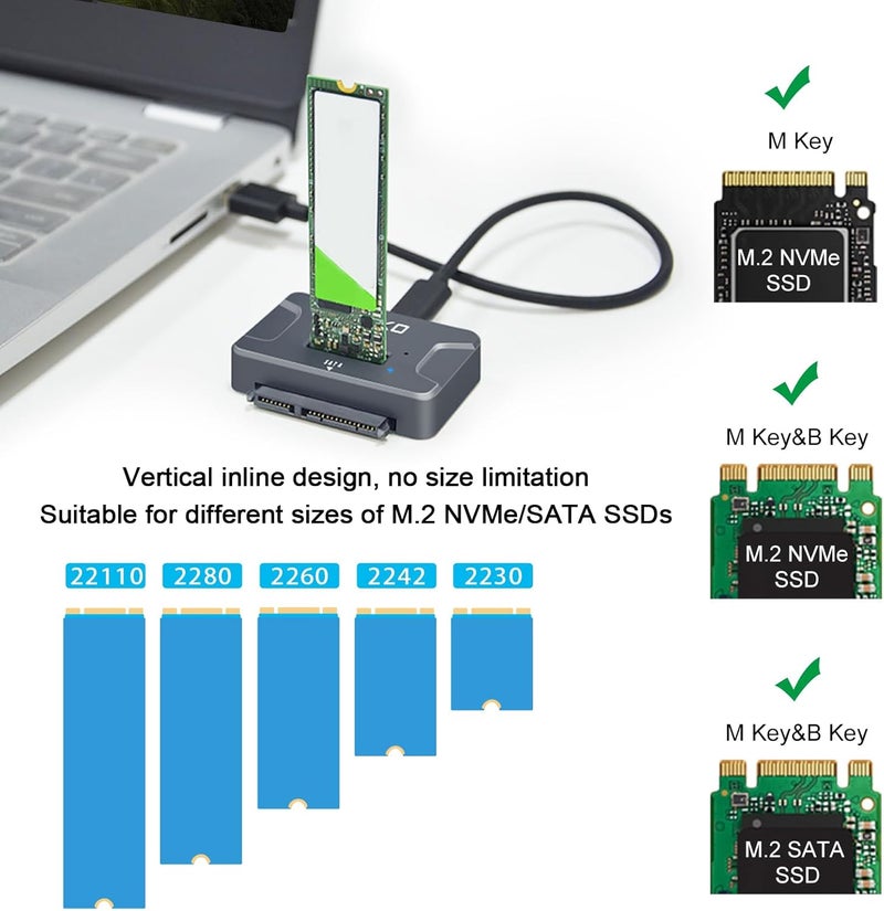 AOKO محطة قراءة SSD NVMe إلى USB 3.2 (10Gbps) - محول USB محمول لـ M.2 SSD حاوية خارجية لـ NVMe SSD و M.2 PCIe NVMe و M.2 SATA SSD، متوافق مع محرك SATA 2.5'' - Image 5